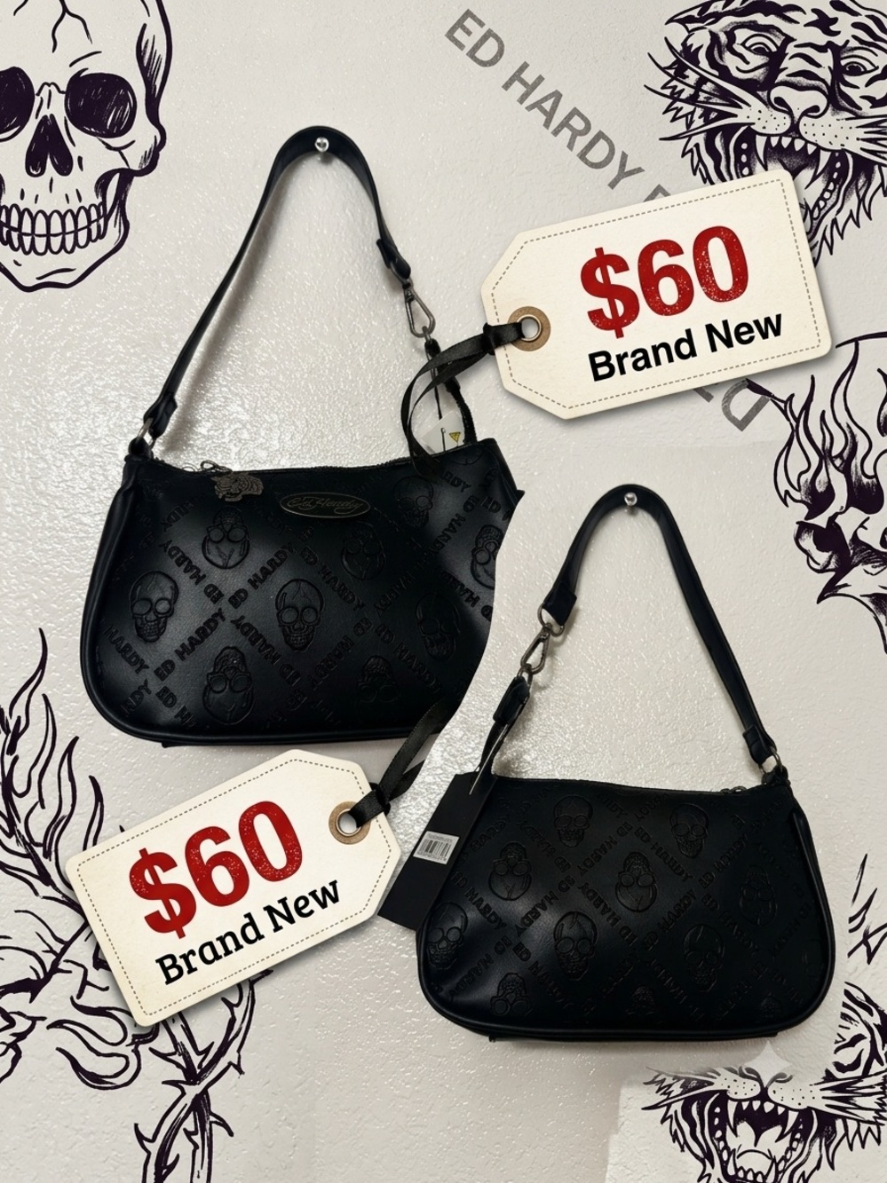 Ed Hardy Black Embossed Skull Shoulder Bag
